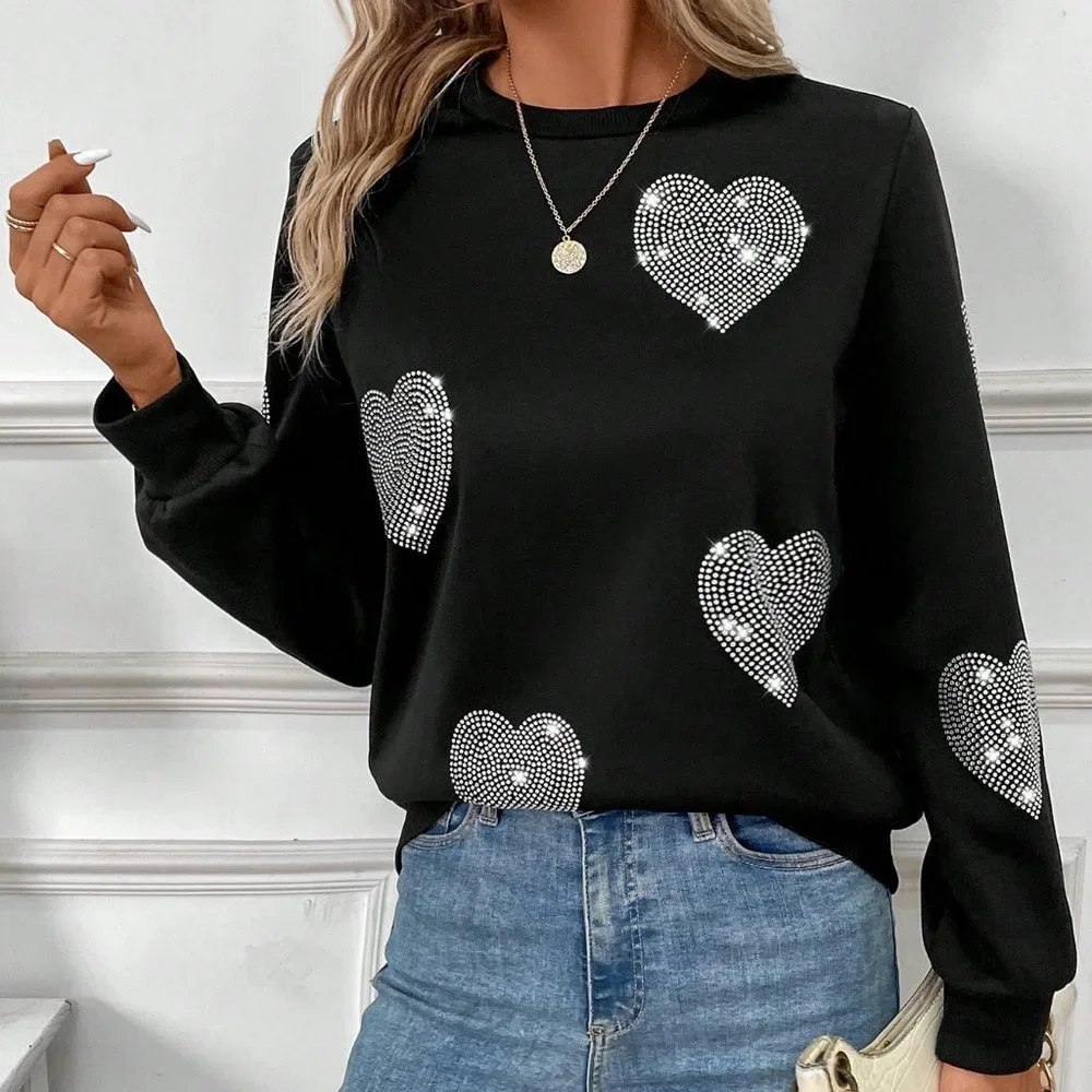 Black Casual Womens Rhinestone Decor Heart Pattern Crew Neck Sweatshirt - Picture 3 of 5